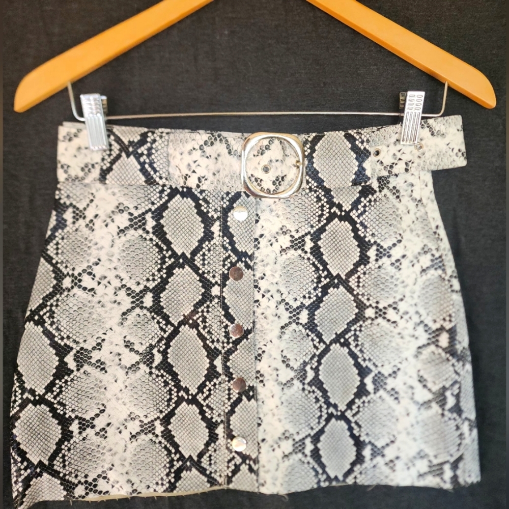 Snap Button-Down Mini Skirt, Faux Snake Skin
